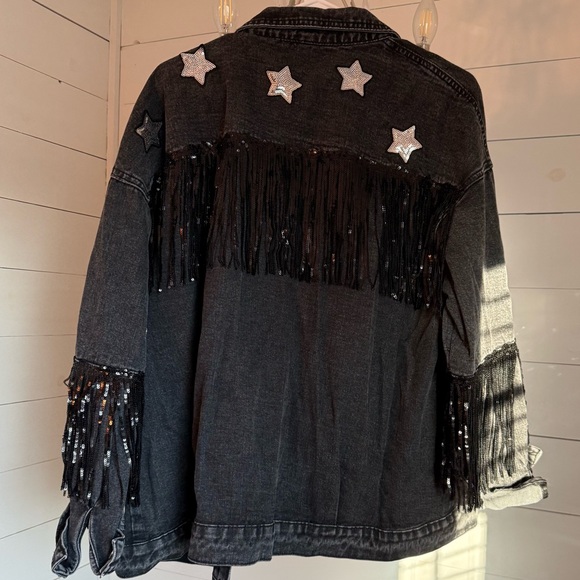 Black Light Wash Jacket w/ black sequin fringe & silver stars. Plus Size. XXL. - Picture 2 of 6